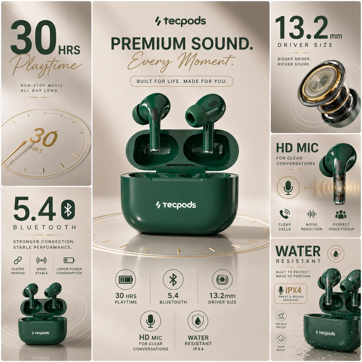 TECPODS Bluetooth Earbuds | Deep Bass | 30-hour playtime